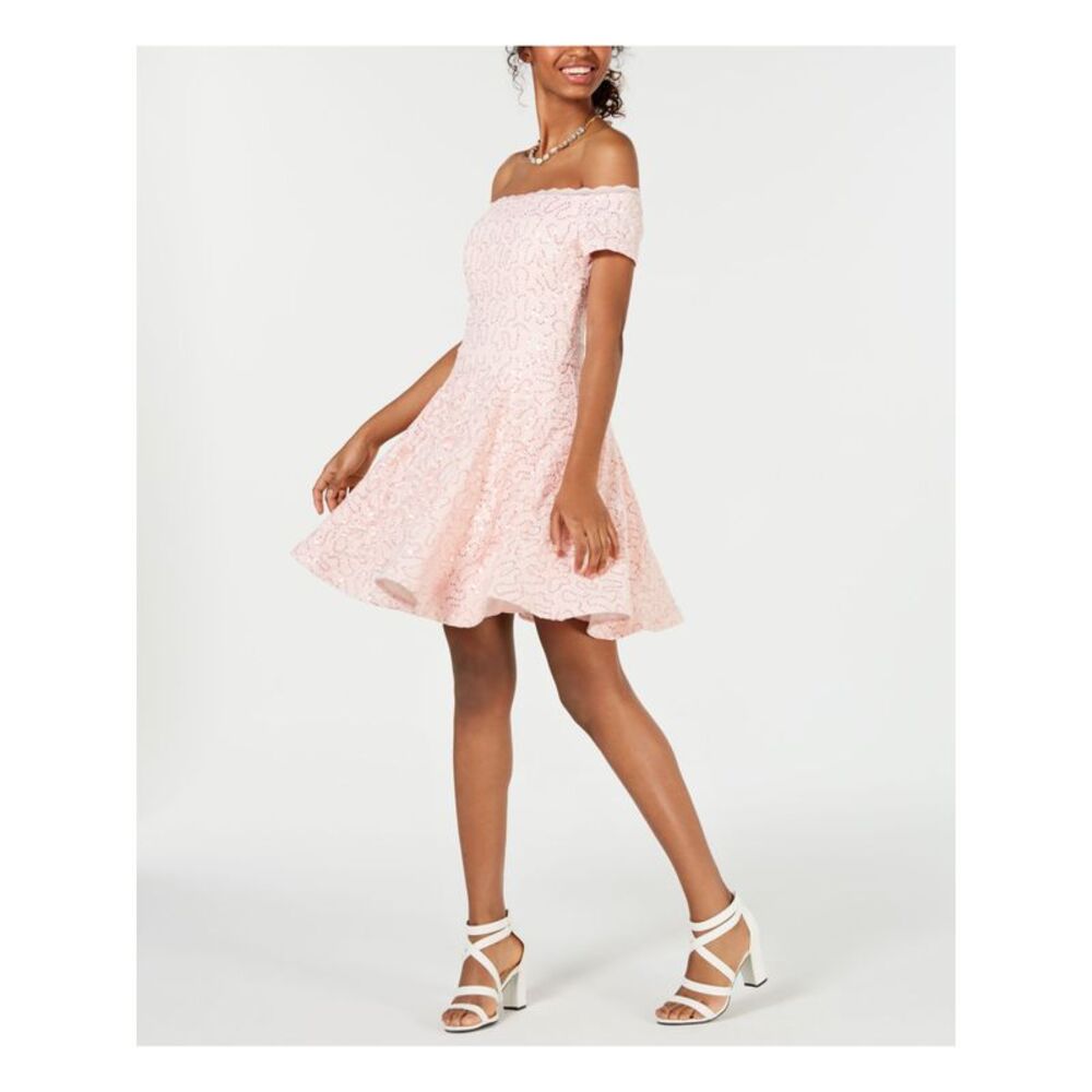 NWT B DARLIN Womens Pink Lace Sequined Off Shoulder Party Dress 5\6 - Picture 3 of 5